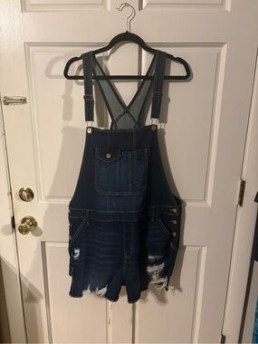 No Boundaries Dark Blue Distressed Denim Short Overalls